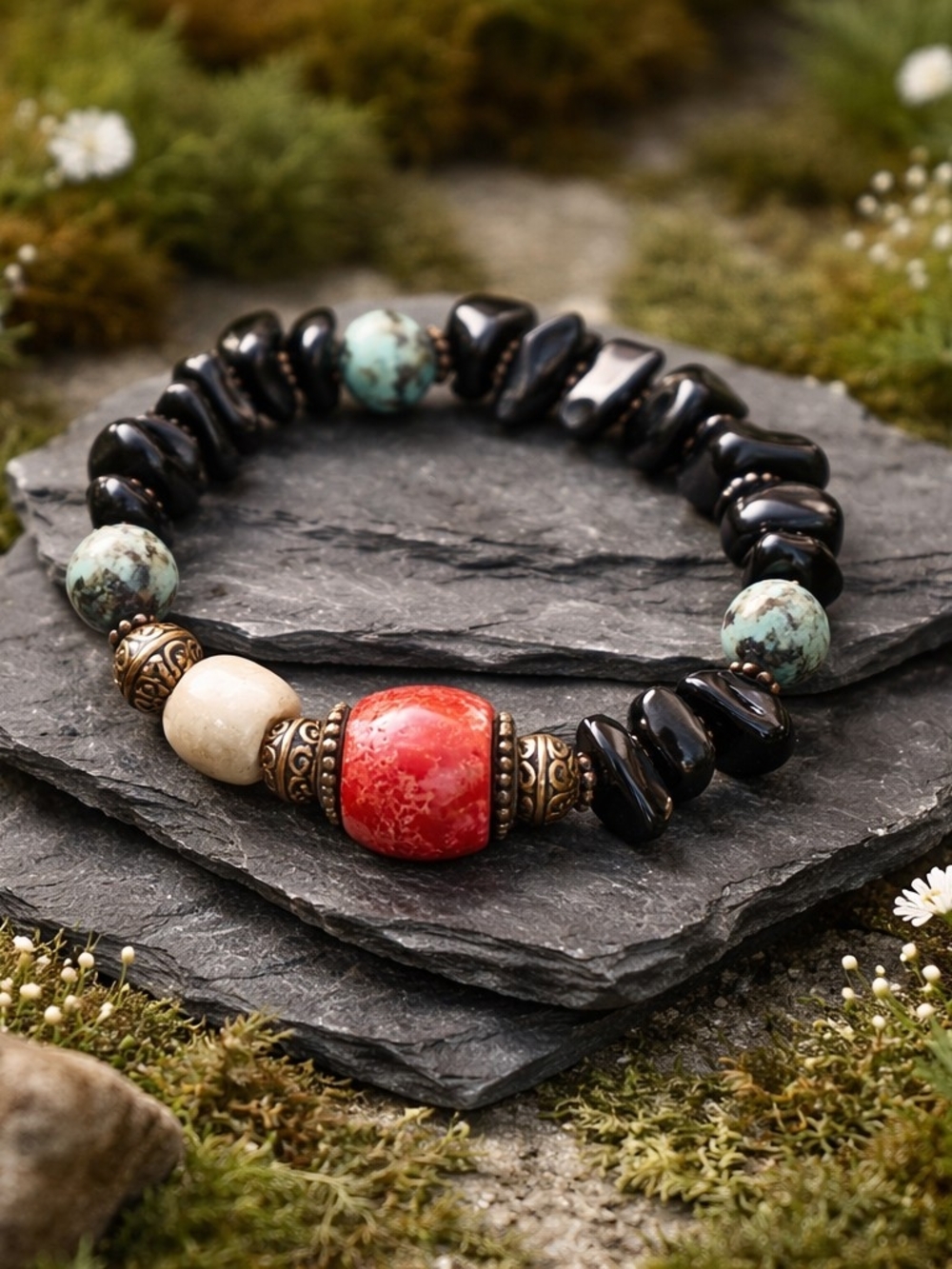 Boho Red Coral & Black Turmaline Beaded Stretch Bracelet